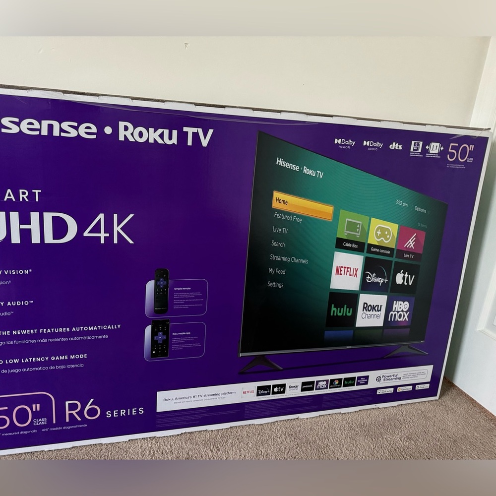 Hinsense 50” Class 4K UHD LED LCD Roku Smart TV HDR R6 Series 50R6E3